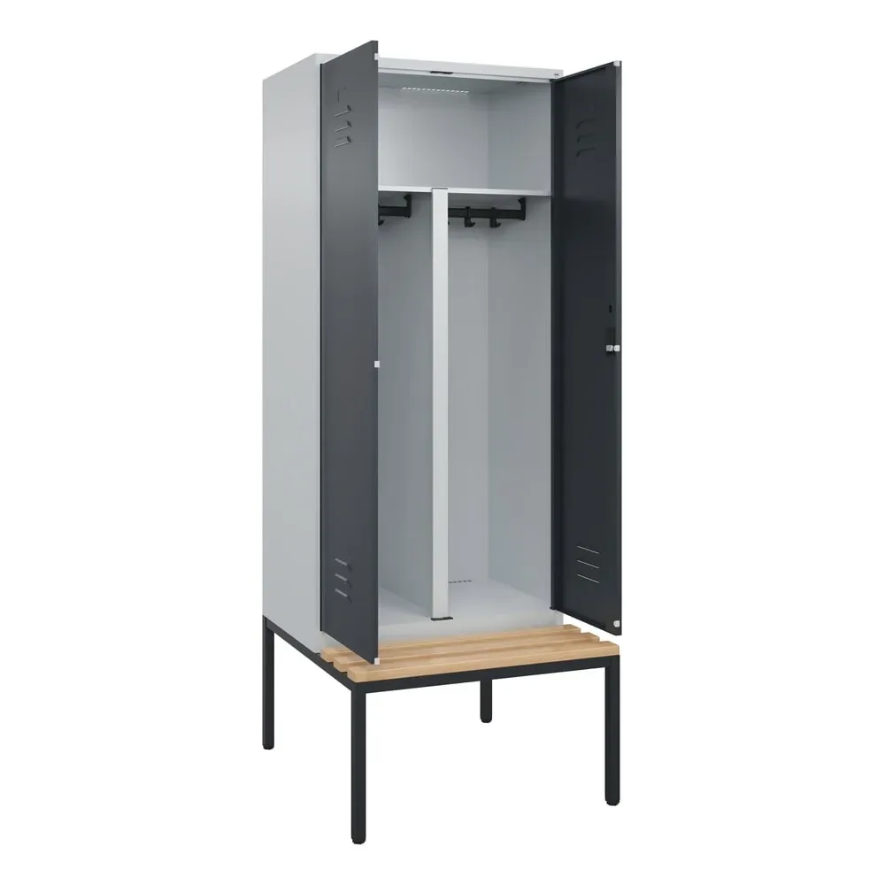 C+P PSA Doppel-Spind Classic PLUS, 2 Abteile, HxBxT 2.120 x 800 x 815 mm, Zylinderschloss, untergebaute Bank aus Buche, lichtgrau, anthrazitgrau