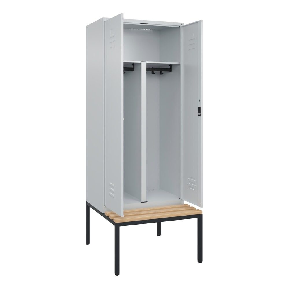 C+P PSA Doppel-Spind Classic PLUS, 2 Abteile, HxBxT 2.120 x 800 x 815 mm, Zylinderschloss, untergebaute Bank aus Buche, lichtgrau, lichtgrau