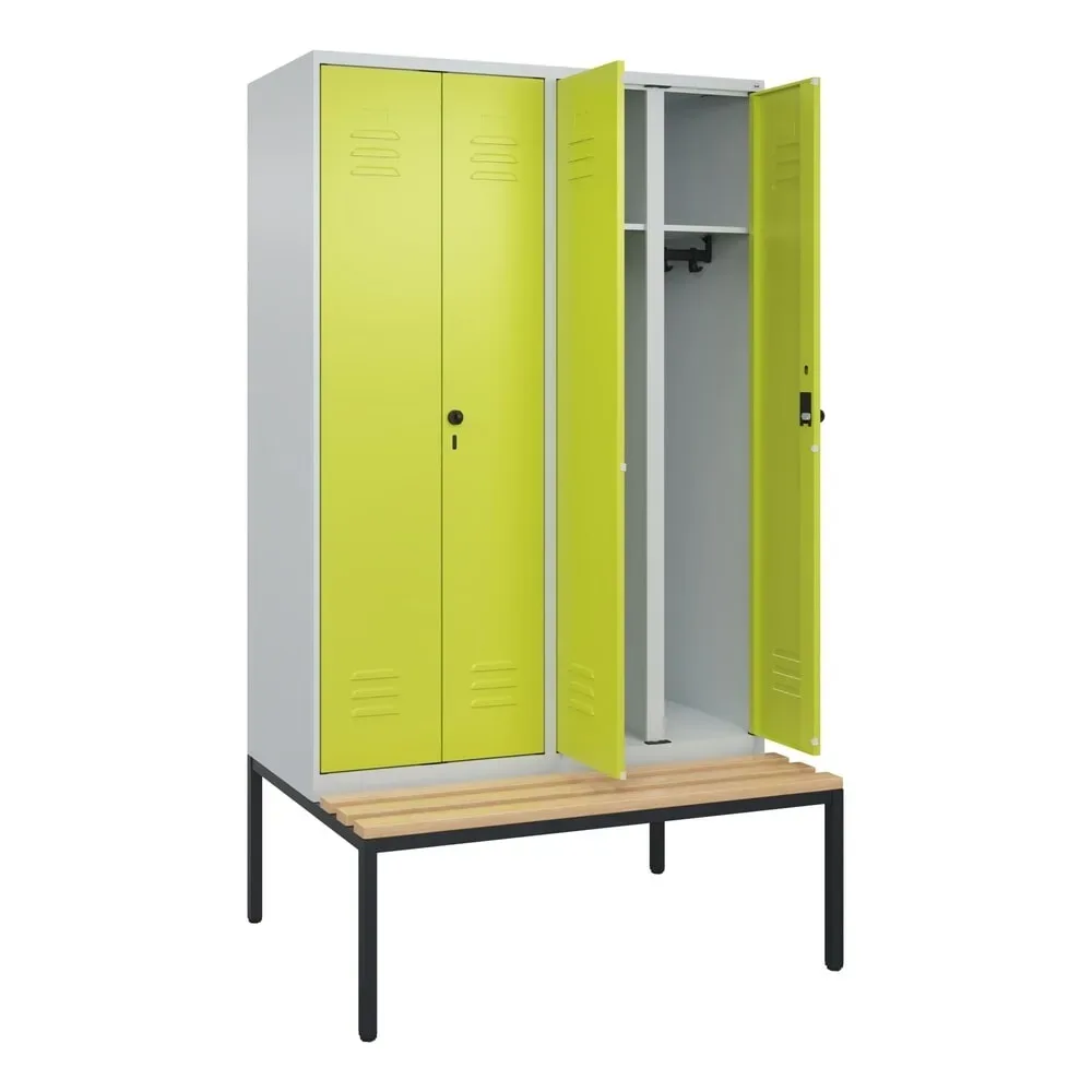 C+P Schwarz-Weiss-Spind Classic PLUS, 4 Abteile, HxBxT 2.120 x 1.200 x 815 mm, für Vorhängeschloss, untergebaute Bank aus Buche, lichtgrau, clowngrün