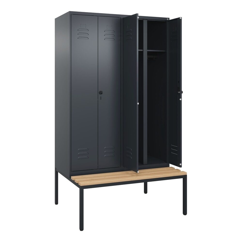 Schwarz-Weiß-Spind Classic PLUS Sitzbank, Trennwand mittig, 2 Abteile, grau, B 1200 mm, Sicherheits-Drehriegel, untergebaut, Buche-Hartholz C+P