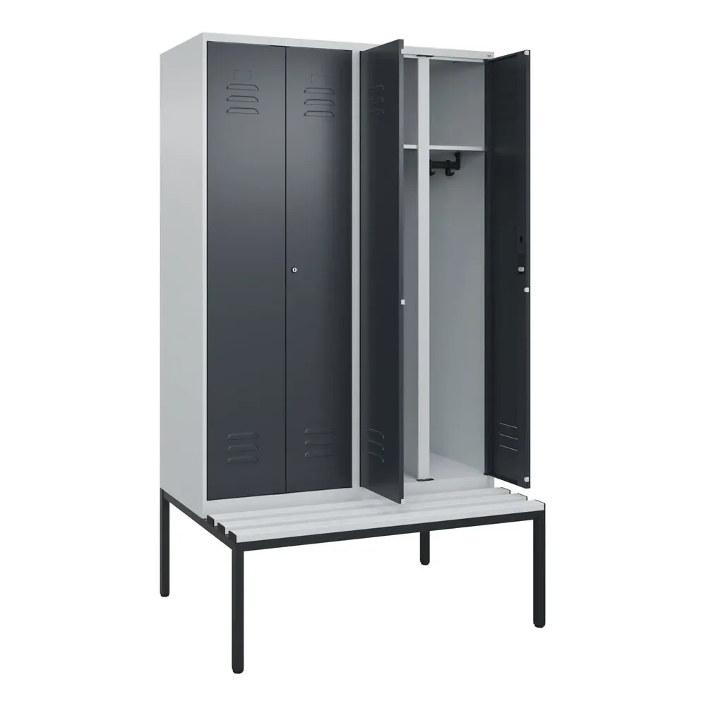 C+P Schwarz-Weiss-Spind Classic PLUS, 4 Abteile, HxBxT 2.120 x 1.200 x 815 mm, Zylinderschloss, untergebaute Bank aus Kunststoff, lichtgrau, anthrazitgrau