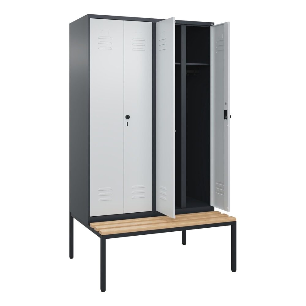 C+P Schwarz-Weiss-Spind Classic PLUS, 4 Abteile, HxBxT 2.120 x 1.200 x 815 mm, für Vorhängeschloss, untergebaute Bank aus Buche, anthrazitgrau, lichtgrau