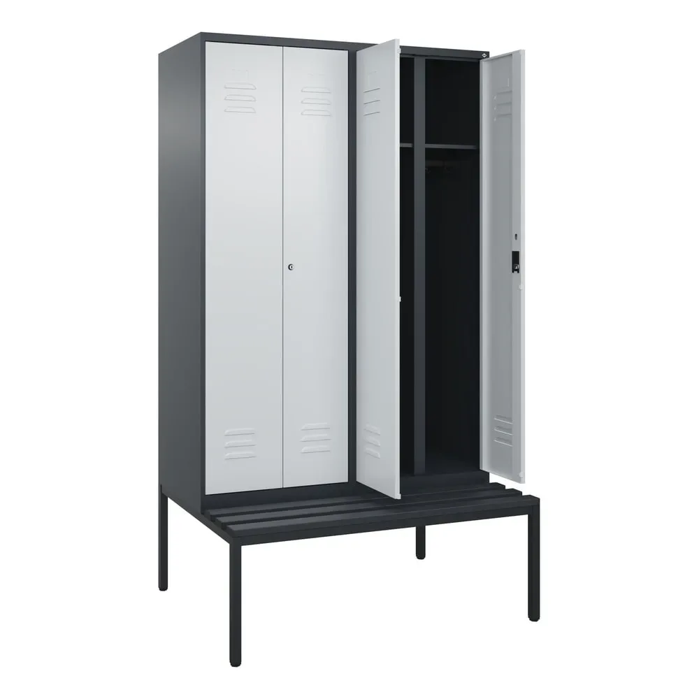 C+P Schwarz-Weiss-Spind Classic PLUS, 4 Abteile, HxBxT 2.120 x 1.200 x 815 mm, Zylinderschloss, untergebaute Bank aus Kunststoff, anthrazitgrau, lichtgrau
