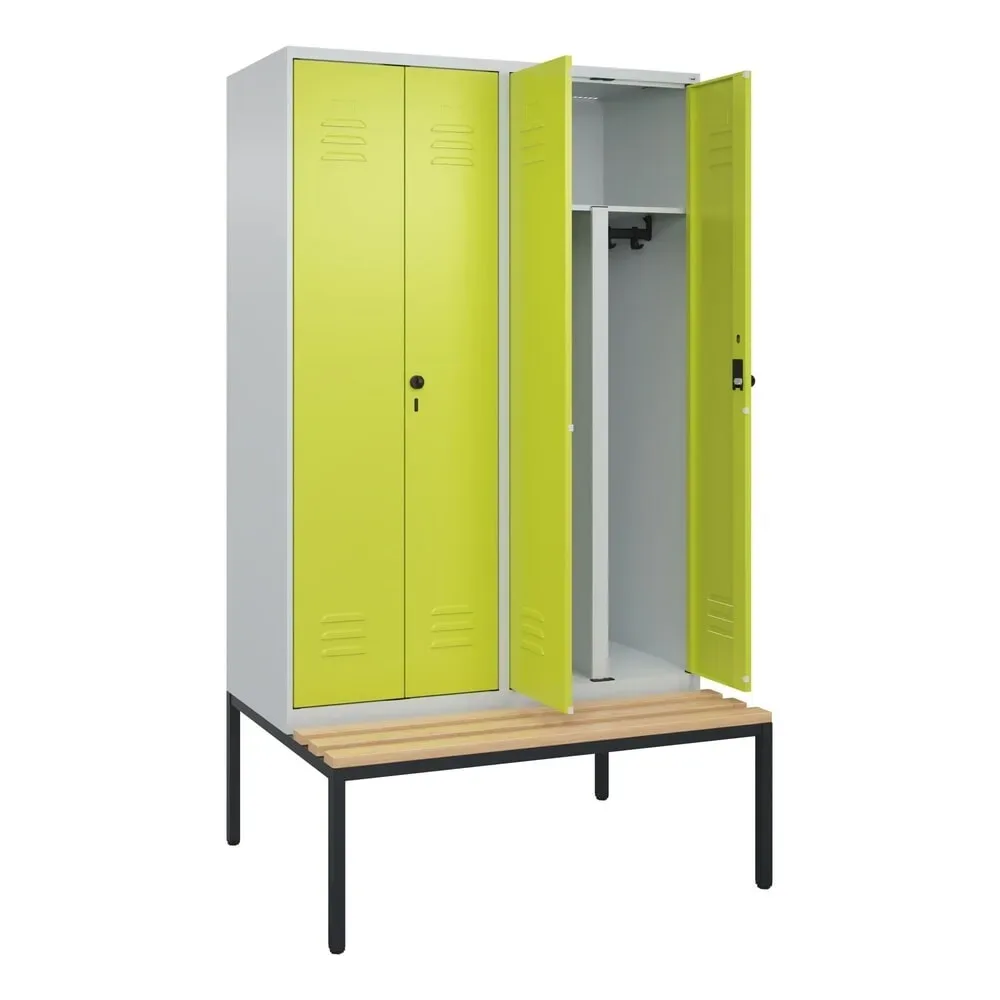 C+P PSA Doppel-Spind Classic PLUS, 4 Abteile, HxBxT 2.120 x 1.200 x 815 mm, für Vorhängeschloss, untergebaute Bank aus Buche, lichtgrau, clowngrün
