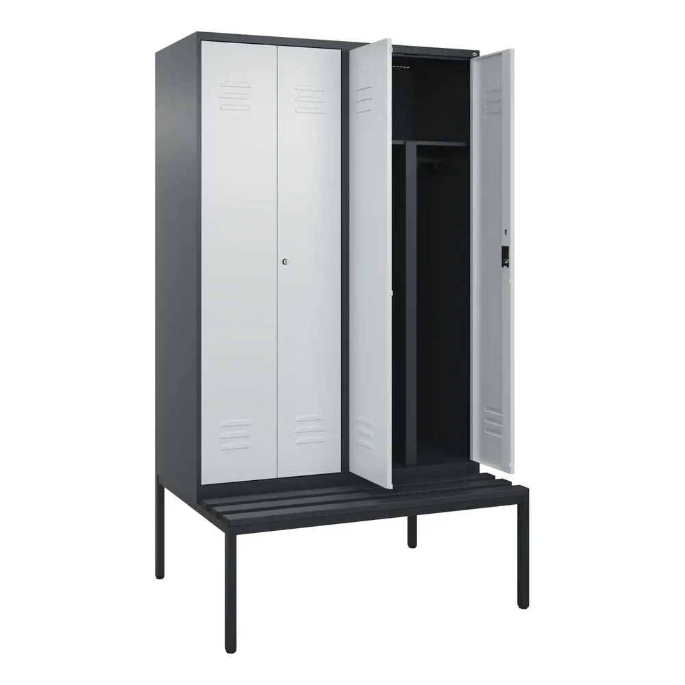 C+P PSA Doppel-Spind Classic PLUS, 4 Abteile, HxBxT 2.120 x 1.200 x 815 mm, Zylinderschloss, untergebaute Bank aus Kunststoff, anthrazitgrau, lichtgrau