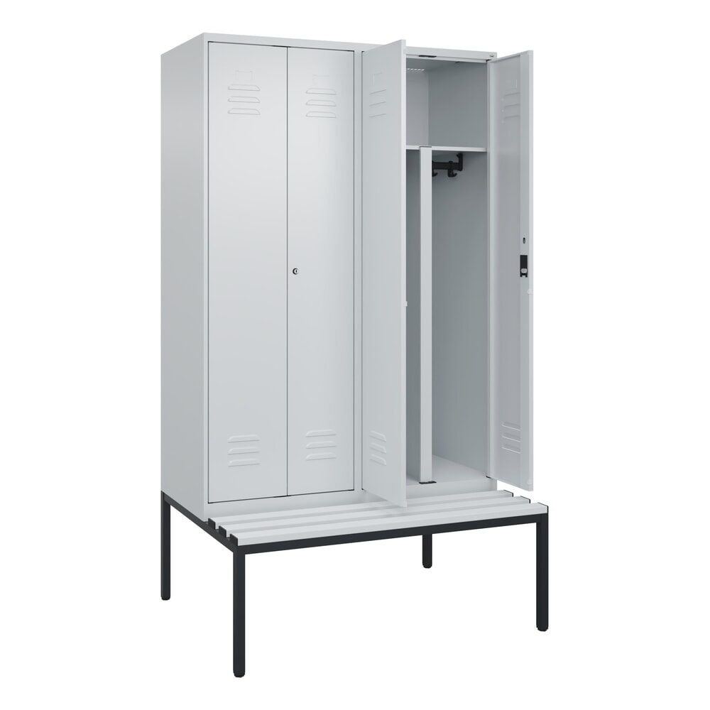 C+P PSA Doppel-Spind Classic PLUS, 4 Abteile, HxBxT 2.120 x 1.200 x 815 mm, Zylinderschloss, untergebaute Bank aus Kunststoff, lichtgrau, lichtgrau
