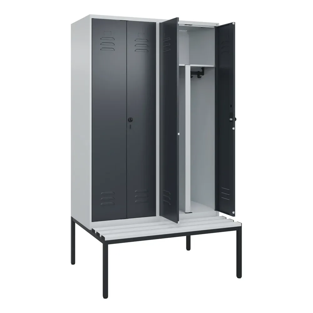 C+P PSA Doppel-Spind Classic PLUS, 4 Abteile, HxBxT 2.120 x 1.200 x 815 mm, für Vorhängeschloss, untergebaute Bank aus Kunststoff, lichtgrau, anthrazitgrau