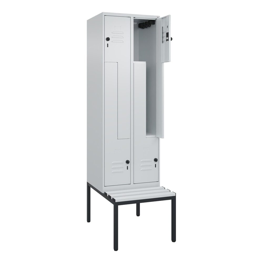 C+P Z-Spind Classic PLUS, 4 Abteile, HxBxT 2.120 x 600 x 815 mm, für Vorhängeschloss, untergebaute Bank aus Kunststoff, lichtgrau, lichtgrau