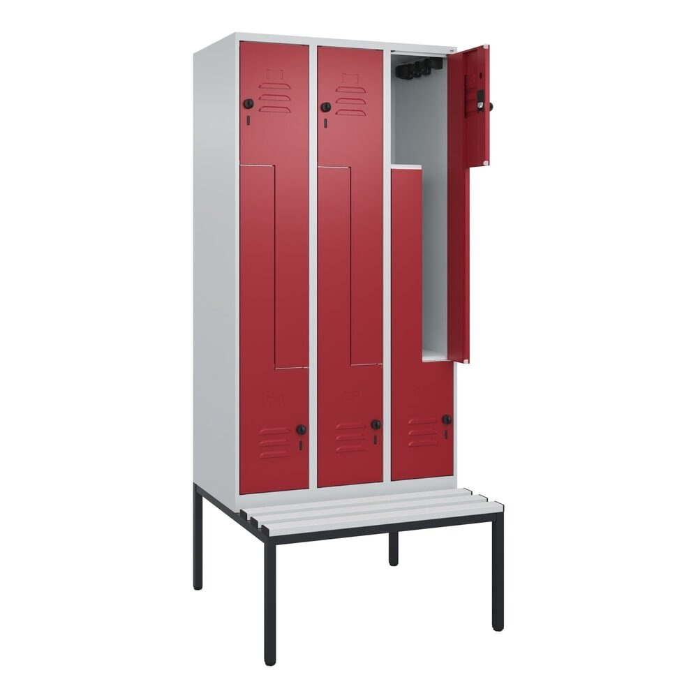 C+P Z-Spind Classic PLUS, 6 Abteile, HxBxT 2.120 x 900 x 815 mm, für Vorhängeschloss, untergebaute Bank aus Kunststoff, lichtgrau, rubinrot