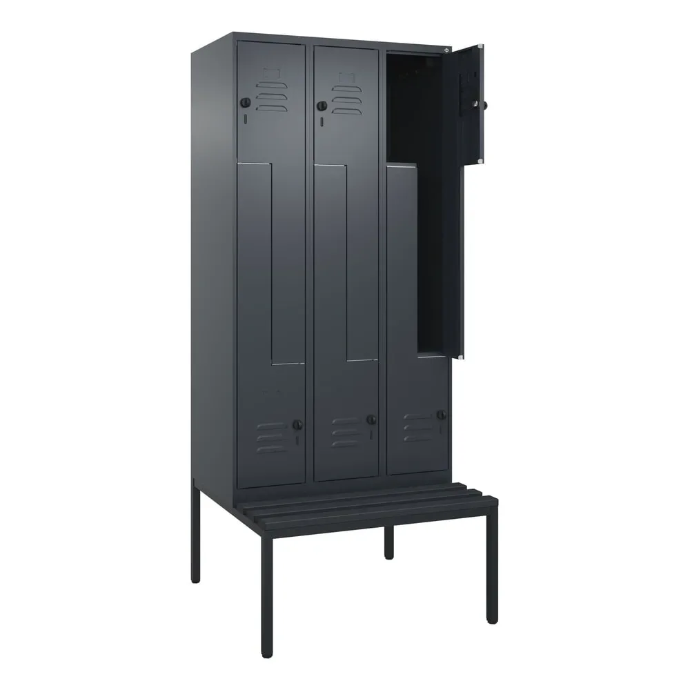 C+P Z-Spind Classic PLUS, 6 Abteile, HxBxT 2.120 x 900 x 815 mm, für Vorhängeschloss, untergebaute Bank aus Kunststoff, anthrazitgrau, anthrazitgrau