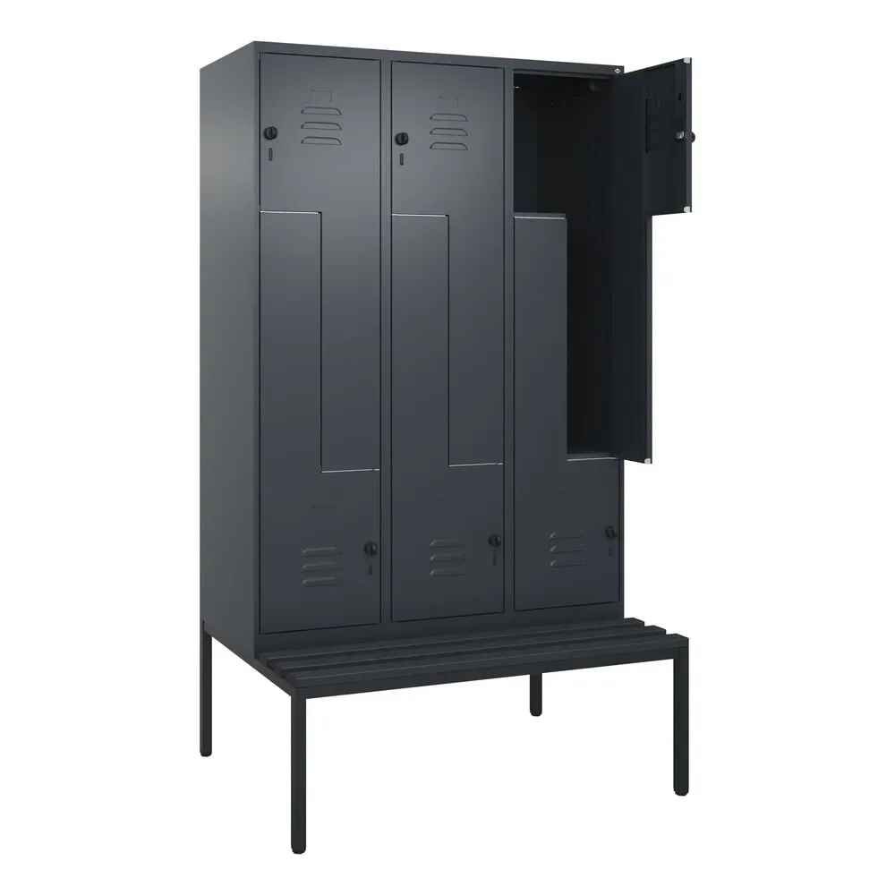 C+P Z-Spind Classic PLUS, 6 Abteile, HxBxT 2.120 x 1.200 x 815 mm, für Vorhängeschloss, untergebaute Bank aus Kunststoff, anthrazitgrau, anthrazitgrau