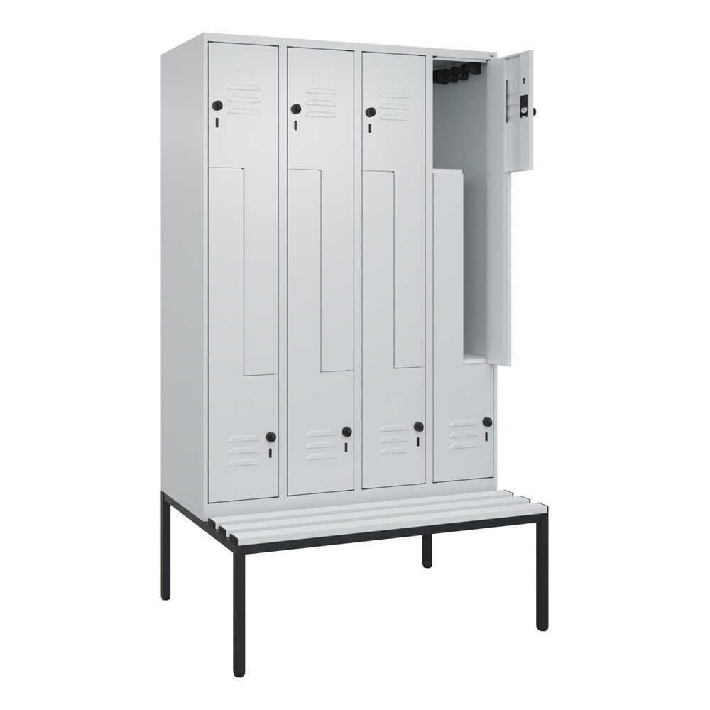 C+P Z-Spind Classic PLUS, 8 Abteile, HxBxT 2.120 x 1.200 x 815 mm, für Vorhängeschloss, untergebaute Bank aus Kunststoff, lichtgrau, lichtgrau