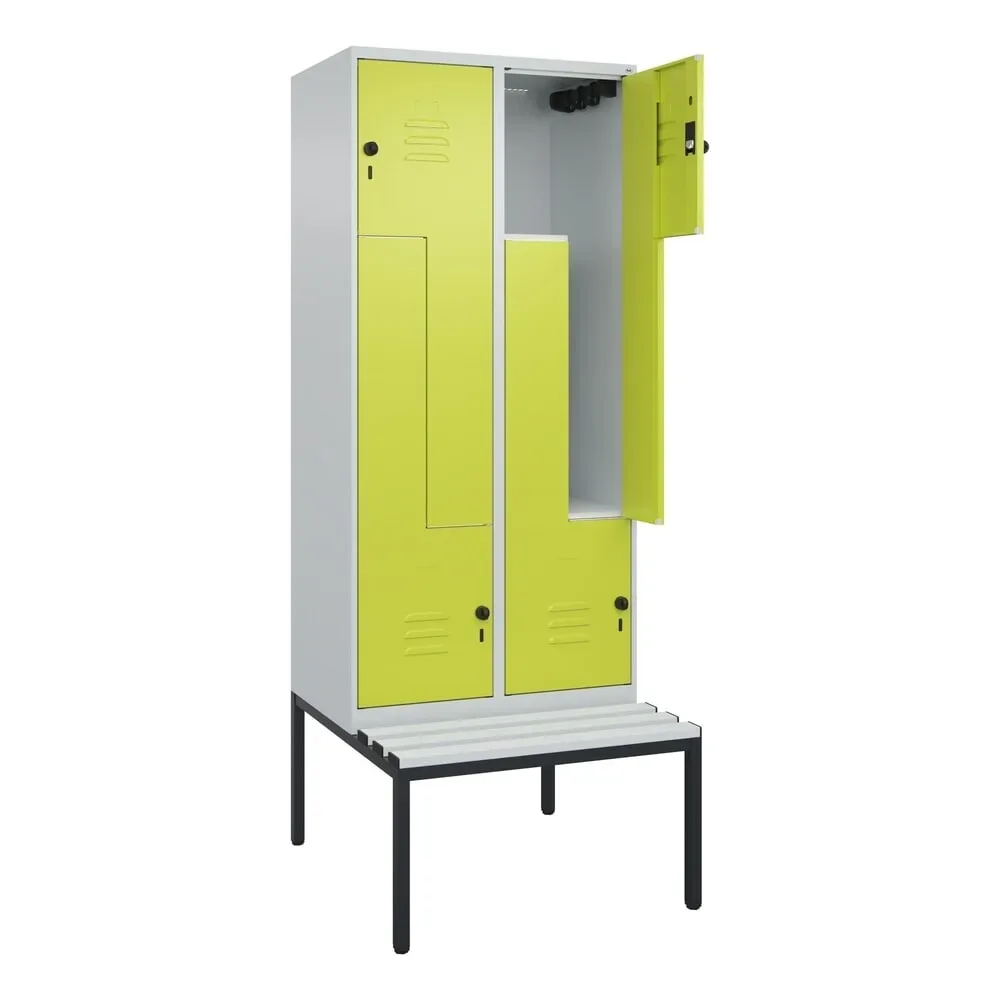 C+P Z-Spind Classic PLUS, 4 Abteile, HxBxT 2.120 x 800 x 815 mm, für Vorhängeschloss, untergebaute Bank aus Kunststoff, lichtgrau, clowngrün