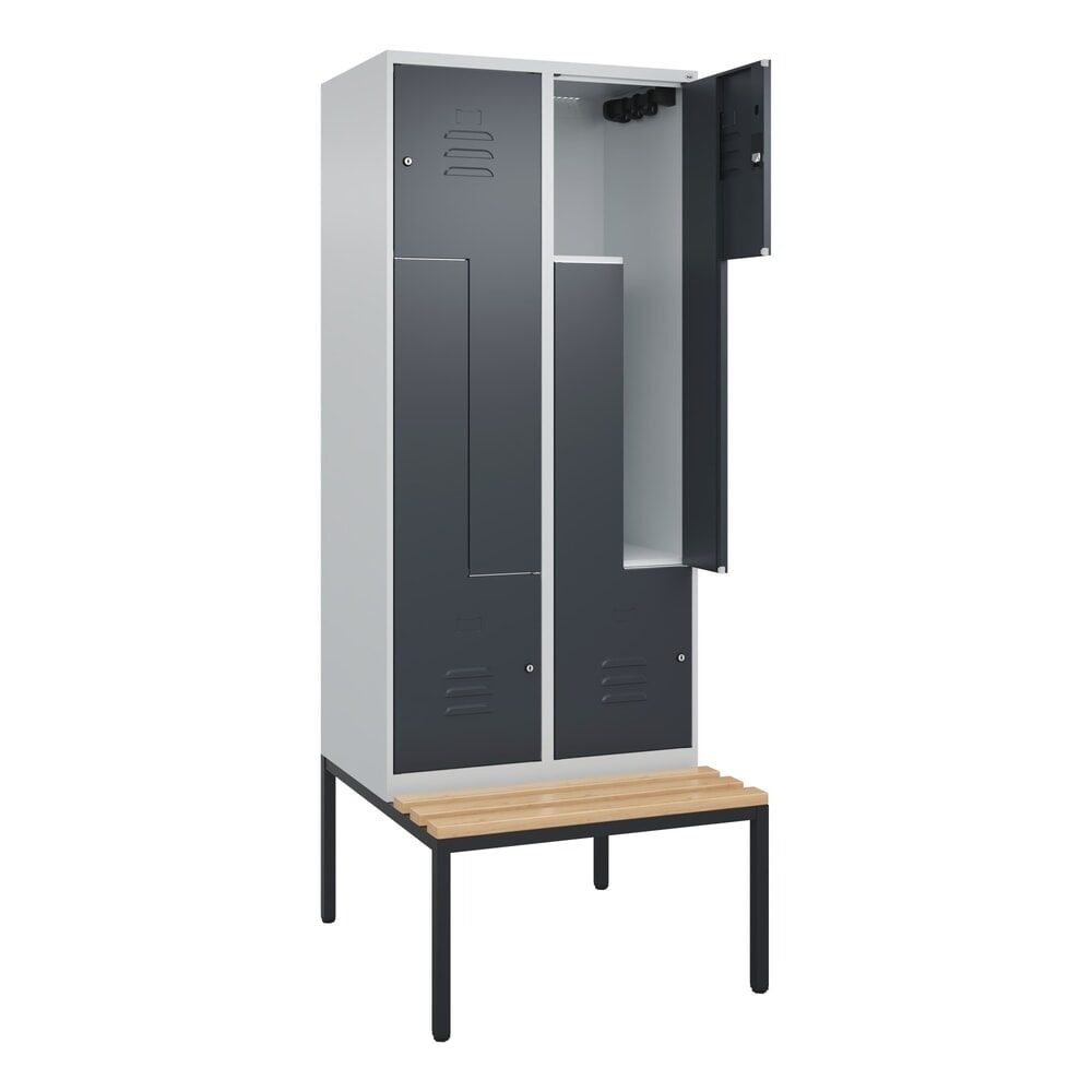 Z-Spind Classic PLUS Sitzbank, 2 Abteile, lichtgrau / grau, B 800 mm, Zylinderschloss, untergebaut, Buche-Hartholz C+P