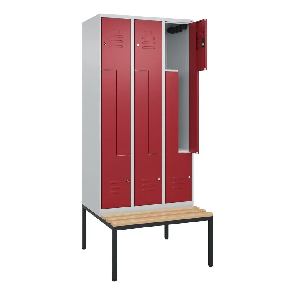 C+P Z-Spind Classic PLUS, 6 Abteile, HxBxT 2.120 x 900 x 815 mm, Zylinderschloss, untergebaute Bank aus Buche, lichtgrau, rubinrot