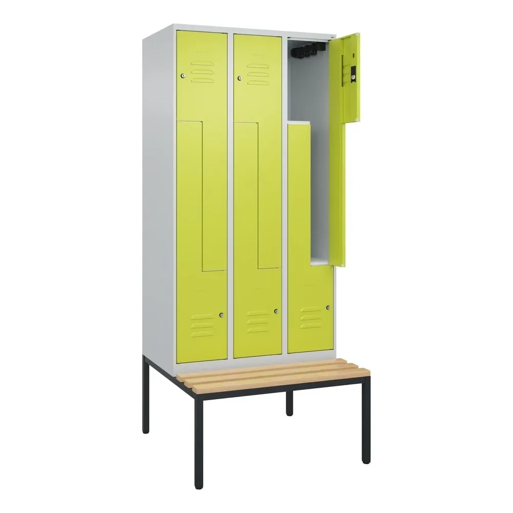 C+P Z-Spind Classic PLUS, 6 Abteile, HxBxT 2.120 x 900 x 815 mm, Zylinderschloss, untergebaute Bank aus Buche, lichtgrau, clowngrün