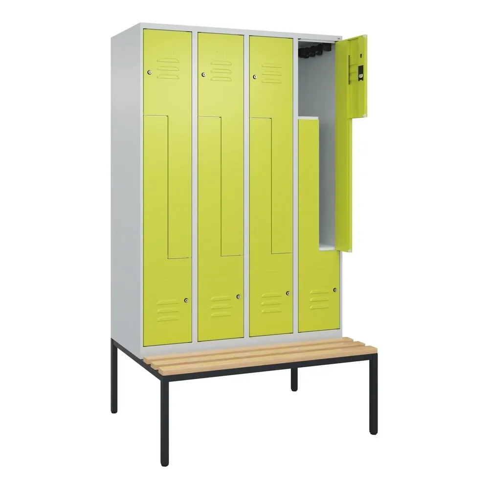 C+P Z-Spind Classic PLUS, 8 Abteile, HxBxT 2.120 x 1.200 x 815 mm, Zylinderschloss, untergebaute Bank aus Buche, lichtgrau, clowngrün