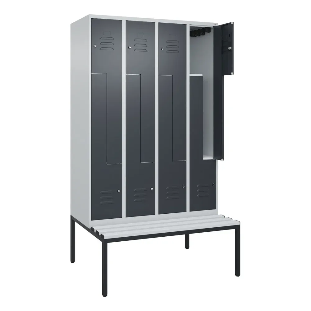 C+P Z-Spind Classic PLUS, 8 Abteile, HxBxT 2.120 x 1.200 x 815 mm, Zylinderschloss, untergebaute Bank aus Kunststoff, lichtgrau, anthrazitgrau