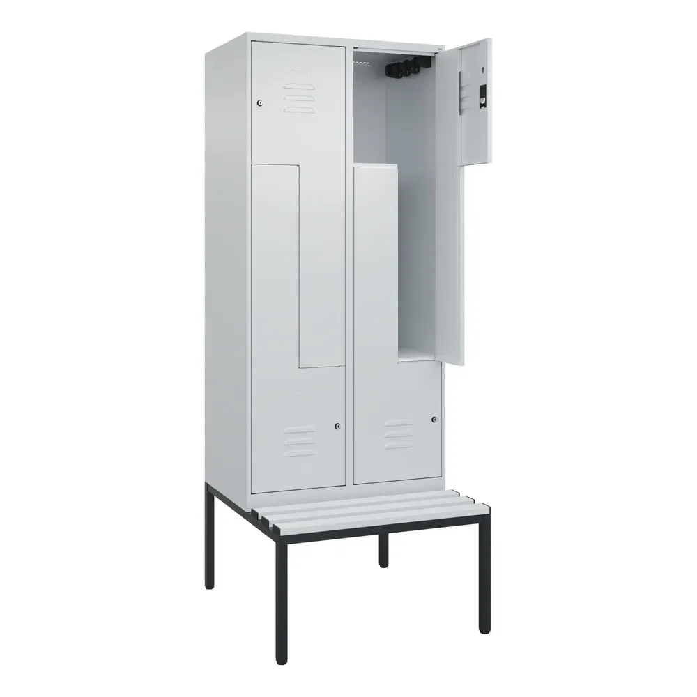 C+P Z-Spind Classic PLUS, 4 Abteile, HxBxT 2.120 x 800 x 815 mm, Zylinderschloss, untergebaute Bank aus Kunststoff, lichtgrau, lichtgrau