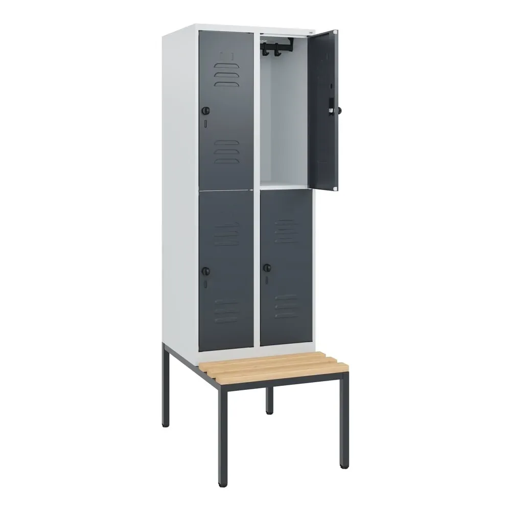 C+P Doppelstock-Spind Classic PLUS, 2 Abteile, HxBxT 1.950 x 600 x 815 mm, für Vorhängeschloss, untergebaute Bank aus Buche, lichtgrau, anthrazitgrau