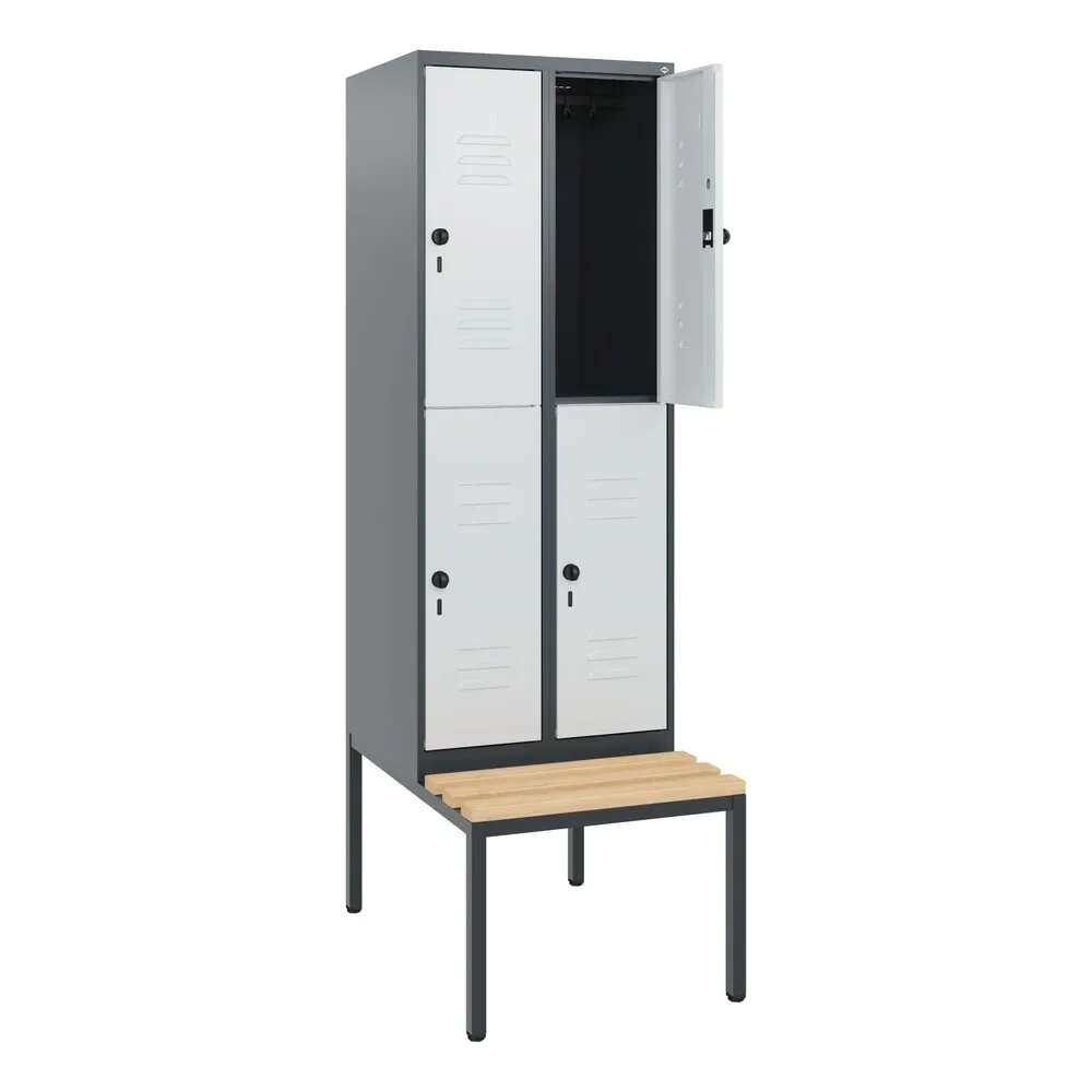 C+P Doppelstock-Spind Classic PLUS, 2 Abteile, HxBxT 1.950 x 600 x 815 mm, für Vorhängeschloss, untergebaute Bank aus Buche, anthrazitgrau, lichtgrau
