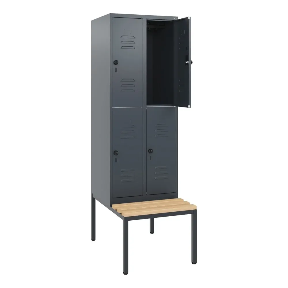 C+P Doppelstock-Spind Classic PLUS, 2 Abteile, HxBxT 1.950 x 600 x 815 mm, für Vorhängeschloss, untergebaute Bank aus Buche, anthrazitgrau, anthrazitgrau