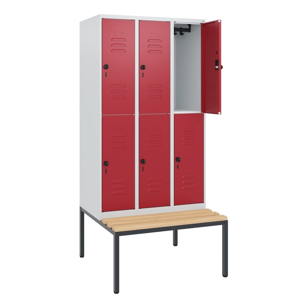 C+P Doppelstock-Spind Classic PLUS, 3 Abteile, HxBxT 1.950 x 900 x 815 mm, für Vorhängeschloss, untergebaute Bank aus Buche, lichtgrau, rubinrot