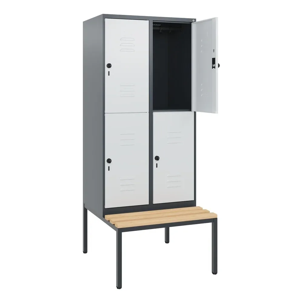 C+P Doppelstock-Spind Classic PLUS, 2 Abteile, HxBxT 1.950 x 800 x 815 mm, für Vorhängeschloss, untergebaute Bank aus Buche, anthrazitgrau, lichtgrau