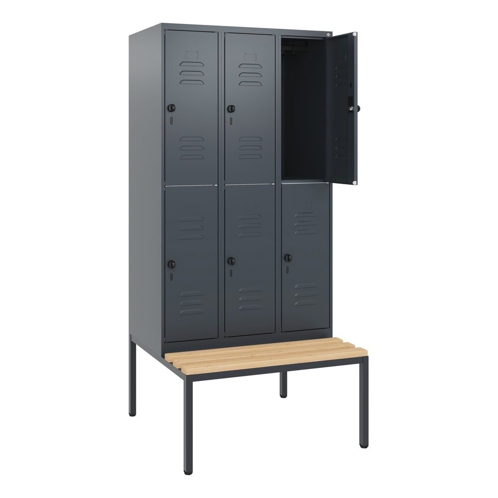 C+P Doppelstock-Spind Classic PLUS, 3 Abteile, HxBxT 1.950 x 900 x 815 mm, für Vorhängeschloss, untergebaute Bank aus Buche, anthrazitgrau, anthrazitgrau