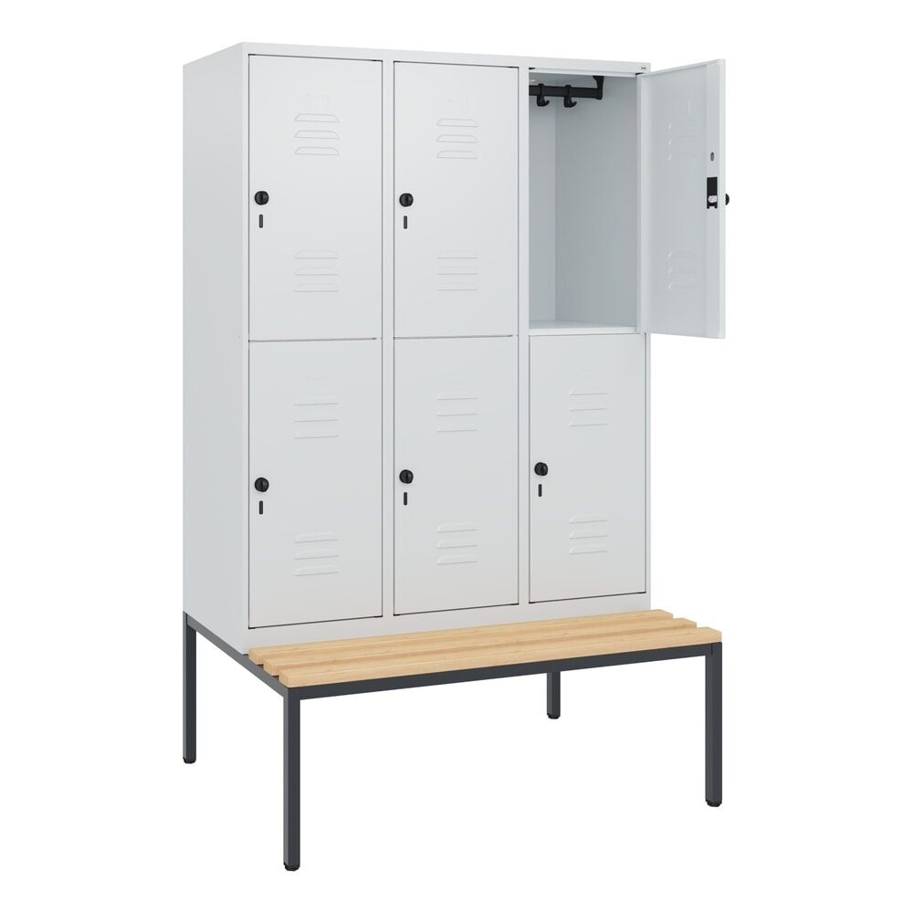 C+P Doppelstock-Spind Classic PLUS, 3 Abteile, HxBxT 1.950 x 1.200 x 815 mm, für Vorhängeschloss, untergebaute Bank aus Buche, lichtgrau, lichtgrau