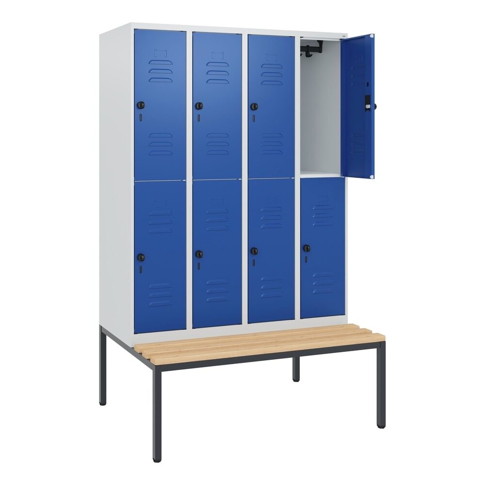 C+P Doppelstock-Spind Classic PLUS, 4 Abteile, HxBxT 1.950 x 1.200 x 815 mm, für Vorhängeschloss, untergebaute Bank aus Buche, lichtgrau, enzianblau