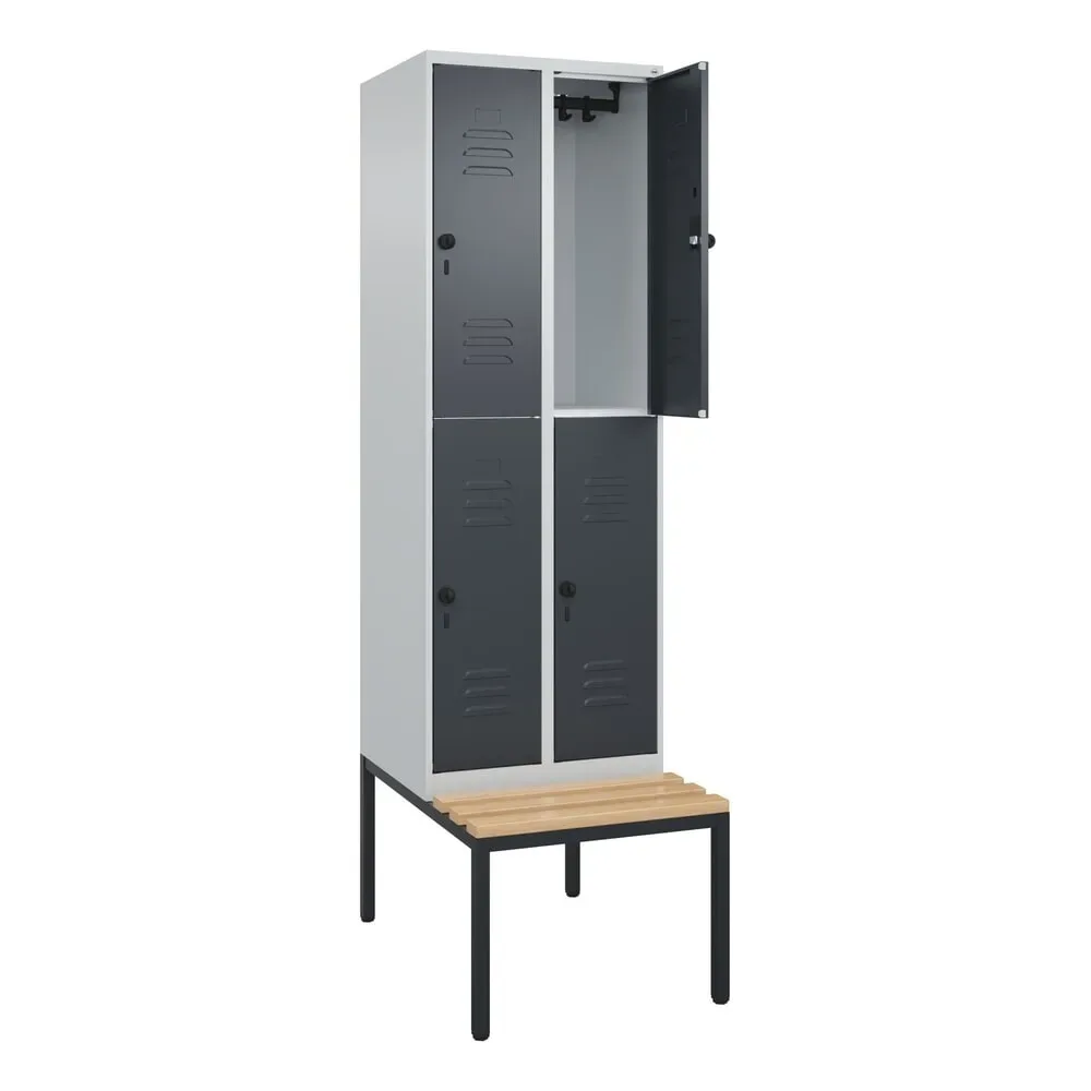 C+P Doppelstock-Spind Classic PLUS, 2 Abteile, HxBxT 2.120 x 600 x 815 mm, für Vorhängeschloss, untergebaute Bank aus Buche, lichtgrau, anthrazitgrau