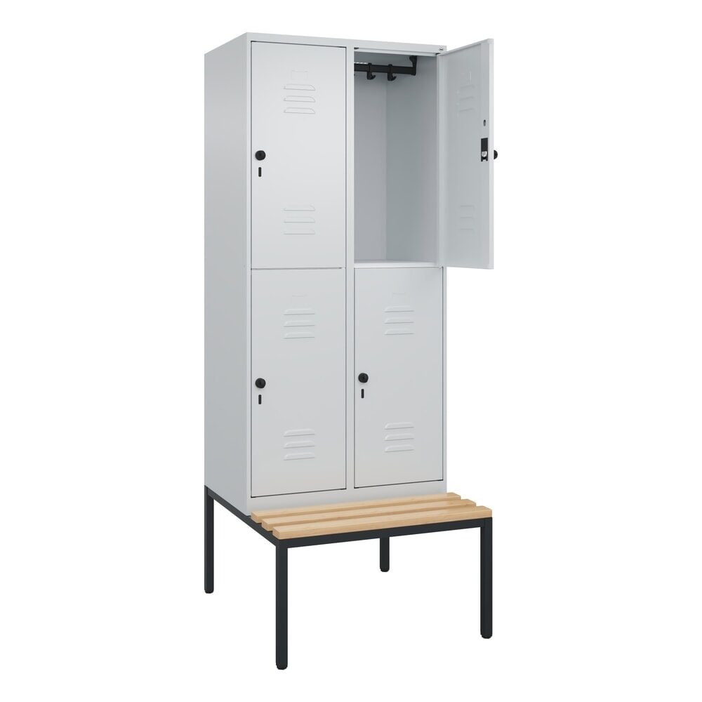 Doppelstock-Spind Classic PLUS Sitzbank, 2 Abteile, lichtgrau, B 800 mm, Sicherheits-Drehriegel, untergebaut, Buche-Hartholz C+P