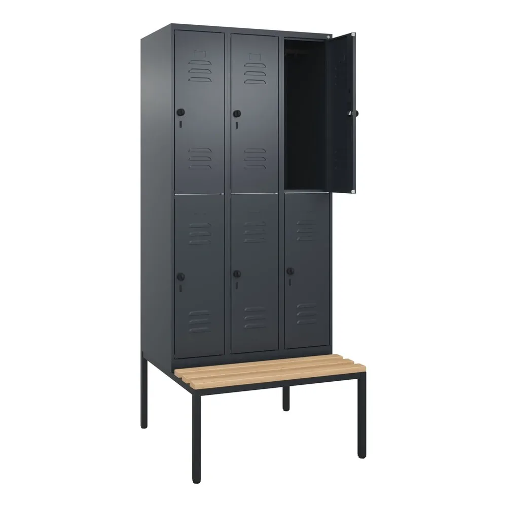 Doppelstock-Spind Classic PLUS Sitzbank, 3 Abteile, grau, B 900 mm, Sicherheits-Drehriegel, untergebaut, Buche-Hartholz C+P