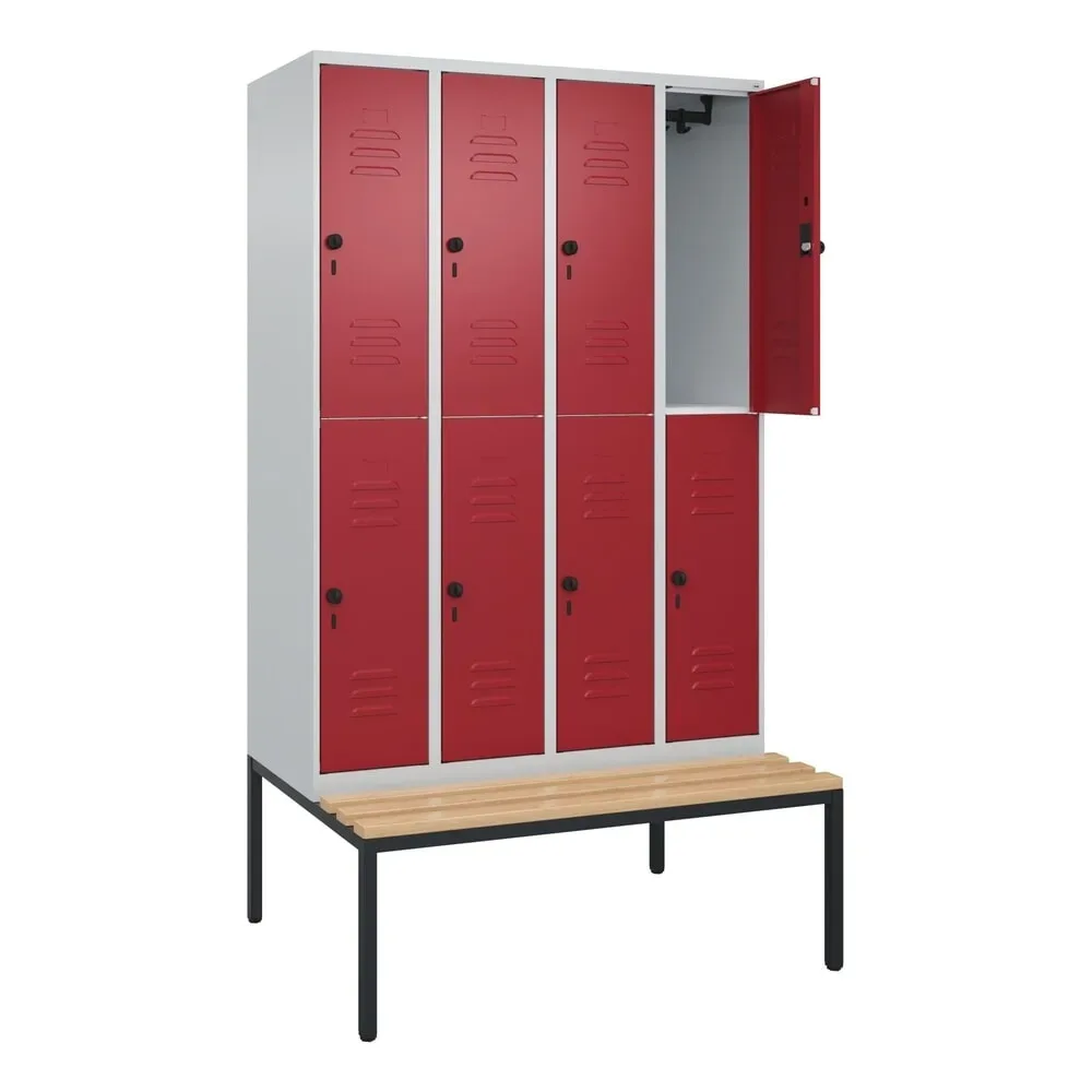 C+P Doppelstock-Spind Classic PLUS, 4 Abteile, HxBxT 2.120 x 1.200 x 815 mm, für Vorhängeschloss, untergebaute Bank aus Buche, lichtgrau, rubinrot