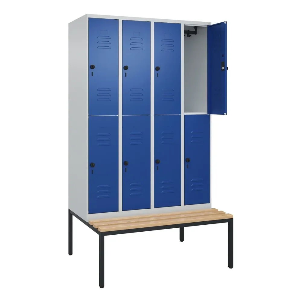 Doppelstock-Spind Classic PLUS Sitzbank, 4 Abteile, lichtgrau / enzianblau, B 1200 mm, Sicherheits-Drehriegel, untergebaut, Buche-Hartholz C+P