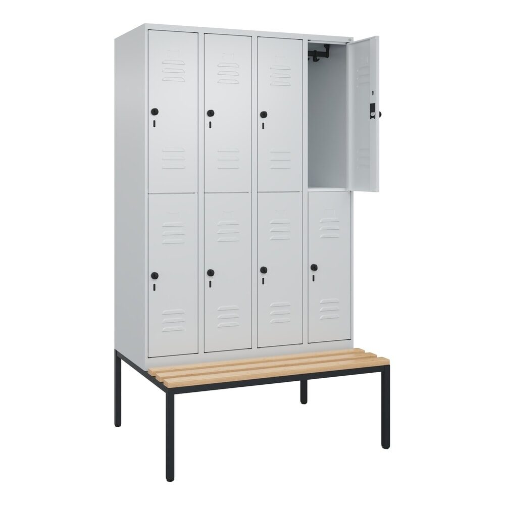 Doppelstock-Spind Classic PLUS Sitzbank, 4 Abteile, lichtgrau, B 1200 mm, Sicherheits-Drehriegel, untergebaut, Buche-Hartholz C+P