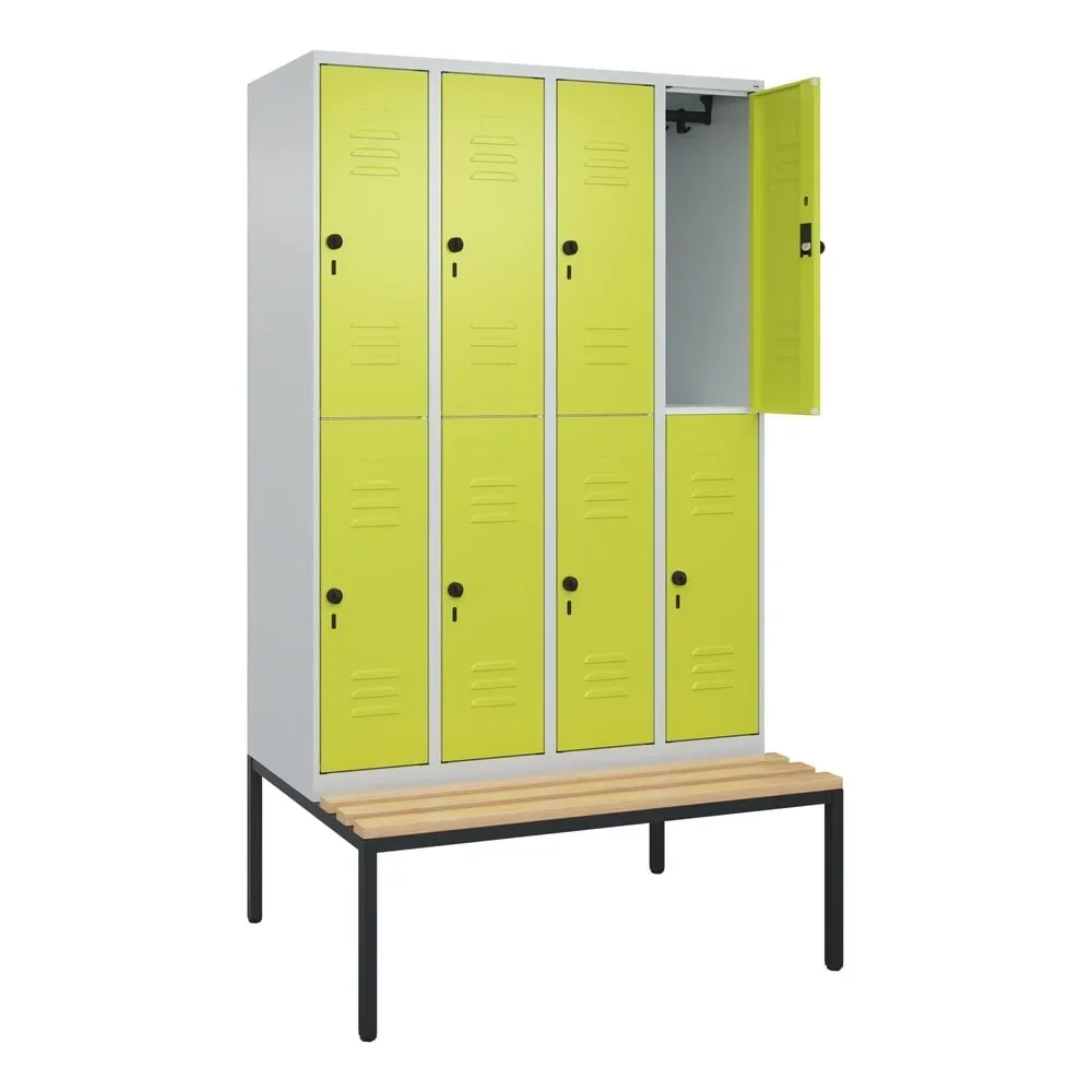 C+P Doppelstock-Spind Classic PLUS, 4 Abteile, HxBxT 2.120 x 1.200 x 815 mm, für Vorhängeschloss, untergebaute Bank aus Buche, lichtgrau, clowngrün