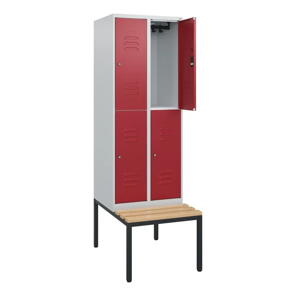 C+P Doppelstock-Spind Classic PLUS, 2 Abteile, HxBxT 1.950 x 600 x 815 mm, Zylinderschloss, untergebaute Bank aus Buche, lichtgrau, rubinrot