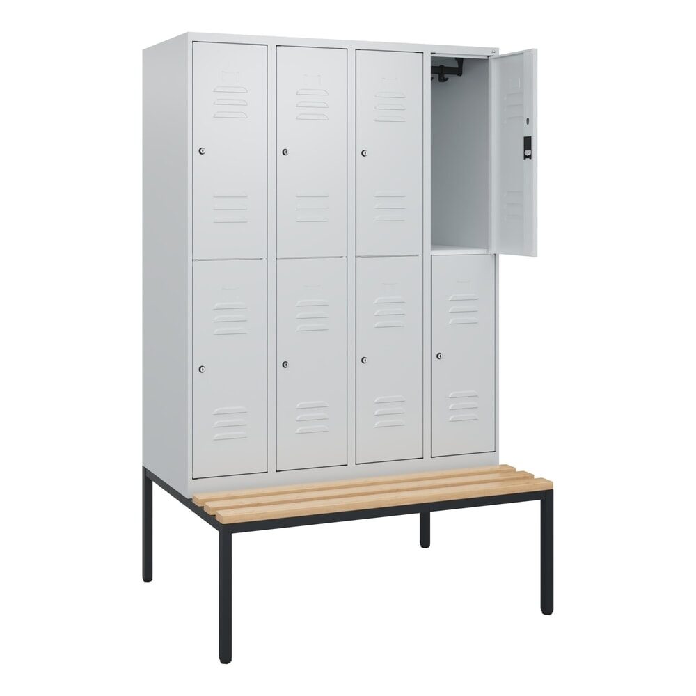 C+P Doppelstock-Spind Classic PLUS, 4 Abteile, HxBxT 1.950 x 1.200 x 815 mm, Zylinderschloss, untergebaute Bank aus Buche, lichtgrau, lichtgrau