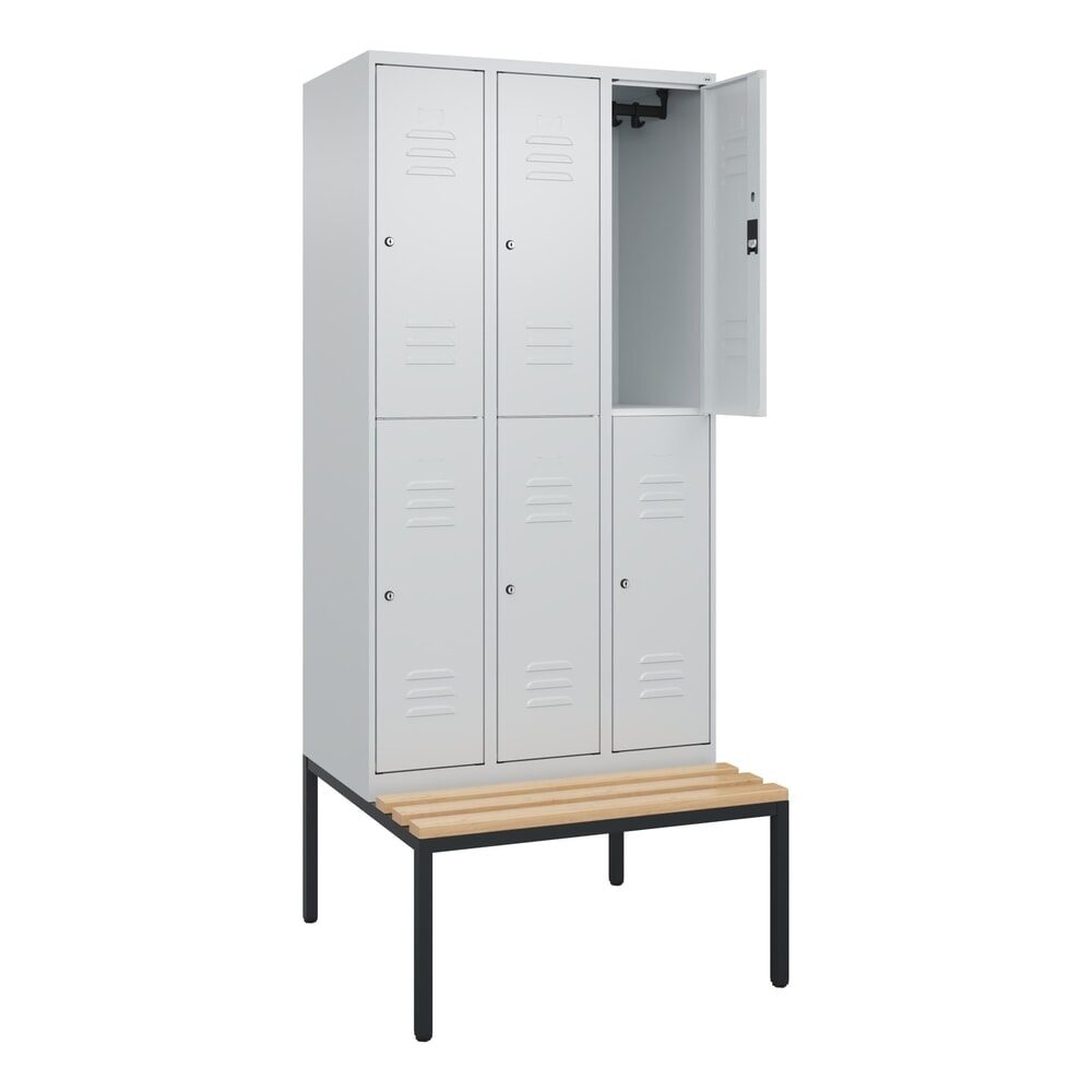 Doppelstock-Spind Classic PLUS Sitzbank, 3 Abteile, lichtgrau, B 900 mm, Zylinderschloss, untergebaut, Buche-Hartholz C+P