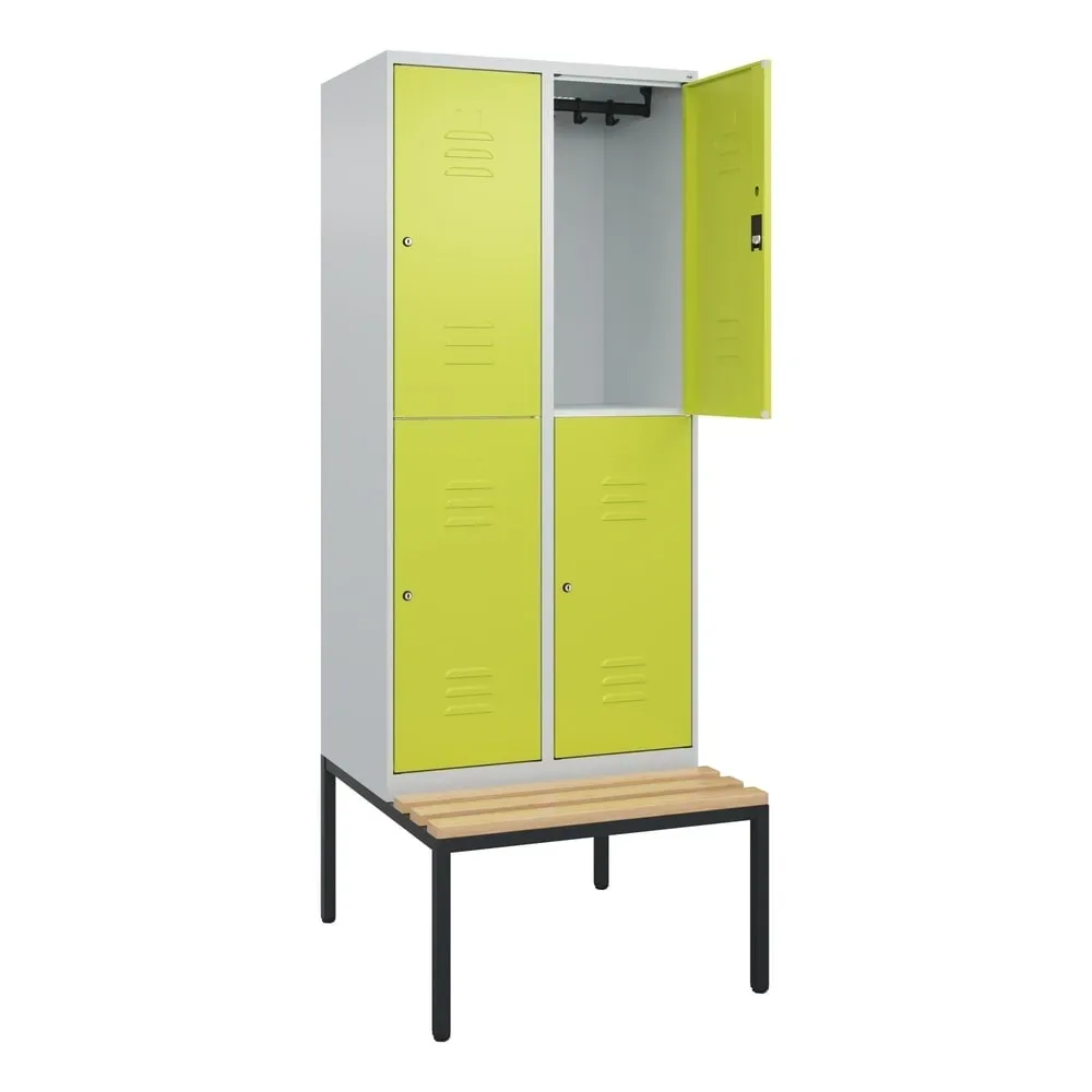 C+P Doppelstock-Spind Classic PLUS, 2 Abteile, HxBxT 2.120 x 800 x 815 mm, Zylinderschloss, untergebaute Bank aus Buche, lichtgrau, clowngrün