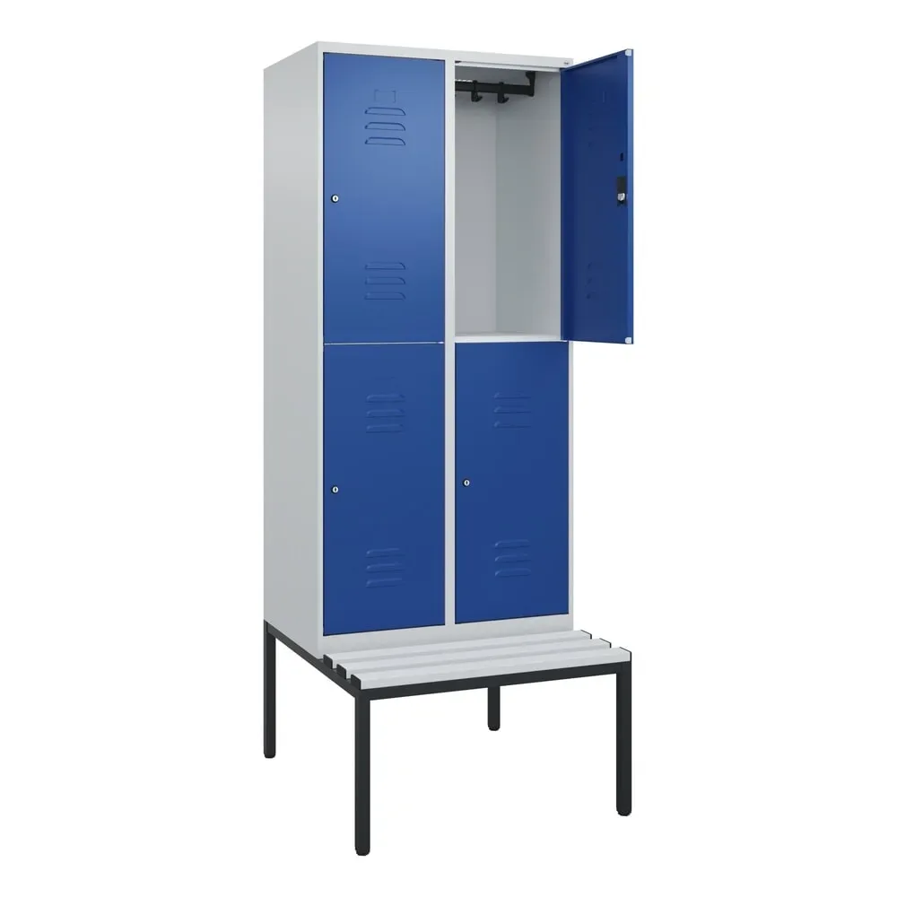 C+P Doppelstock-Spind Classic PLUS, 2 Abteile, HxBxT 2.120 x 800 x 815 mm, Zylinderschloss, untergebaute Bank aus Kunststoff, lichtgrau, enzianblau