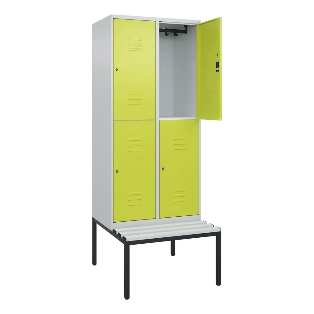 C+P Doppelstock-Spind Classic PLUS, 2 Abteile, HxBxT 2.120 x 800 x 815 mm, Zylinderschloss, untergebaute Bank aus Kunststoff, lichtgrau, clowngrün