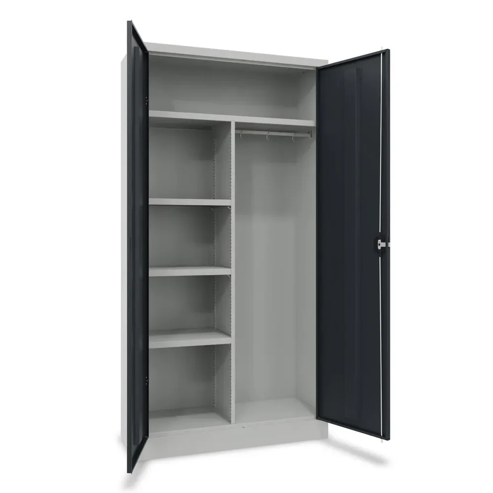 PAVOY Flügeltürenschrank mit Hutboden, Trennwand, verzinkten Fachböden und Kleiderstange, HxBxT 1950 x 1000 x 600 mm, lichtgrau/anthrazitgrau
