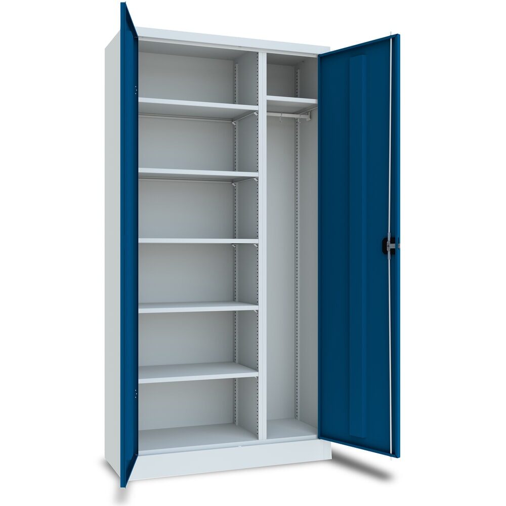 PAVOY Putzmittelschrank mit Trennwand, pulverbeschichteten Fachböden und Kleiderstange, HxBxT 1950 x 1000 x 500 mm, lichtgrau/enzianblau