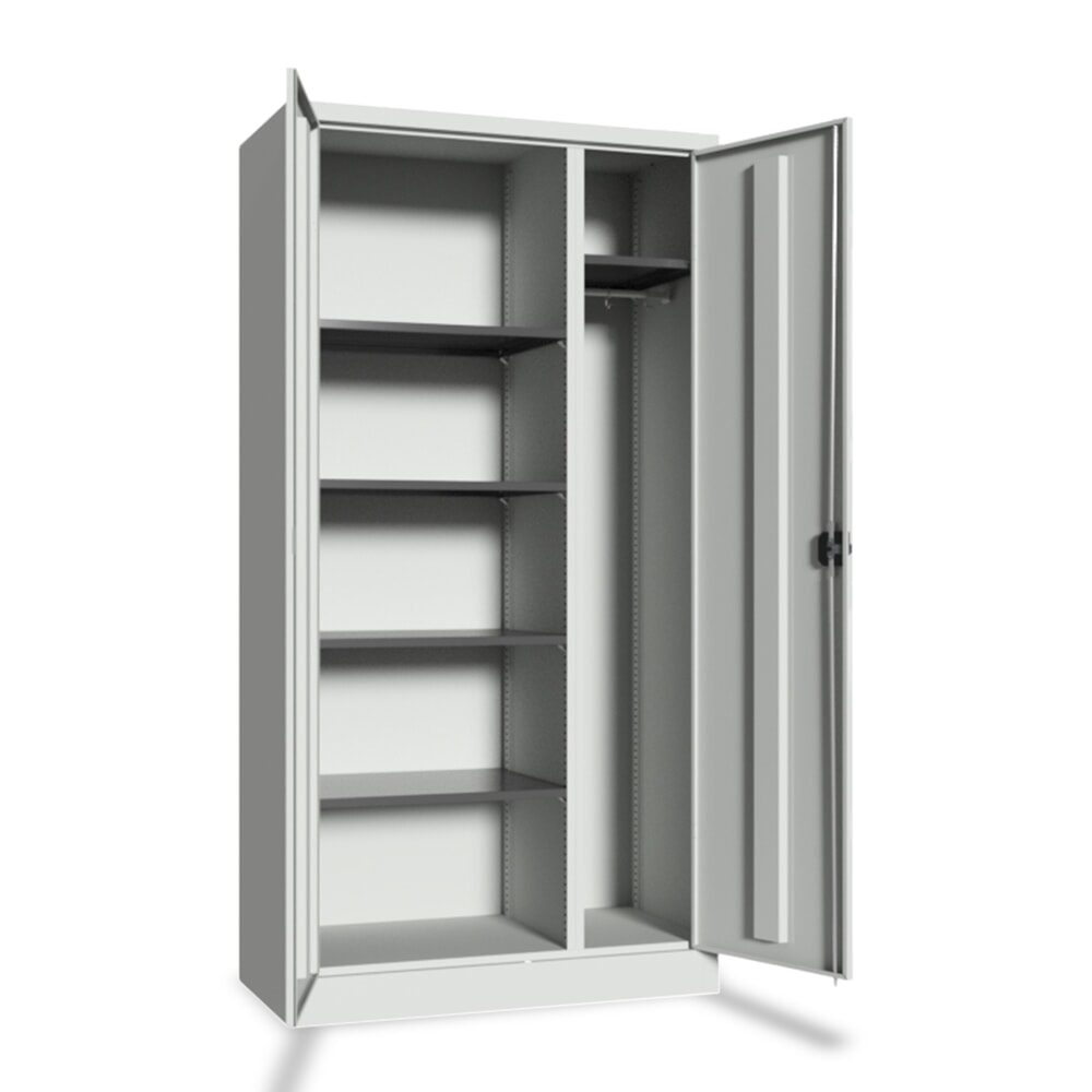 PAVOY Putzmittelschrank mit Trennwand, verzinkten Fachböden und Kleiderstange, HxBxT 1950 x 1000 x 600 mm, lichtgrau/lichtgrau