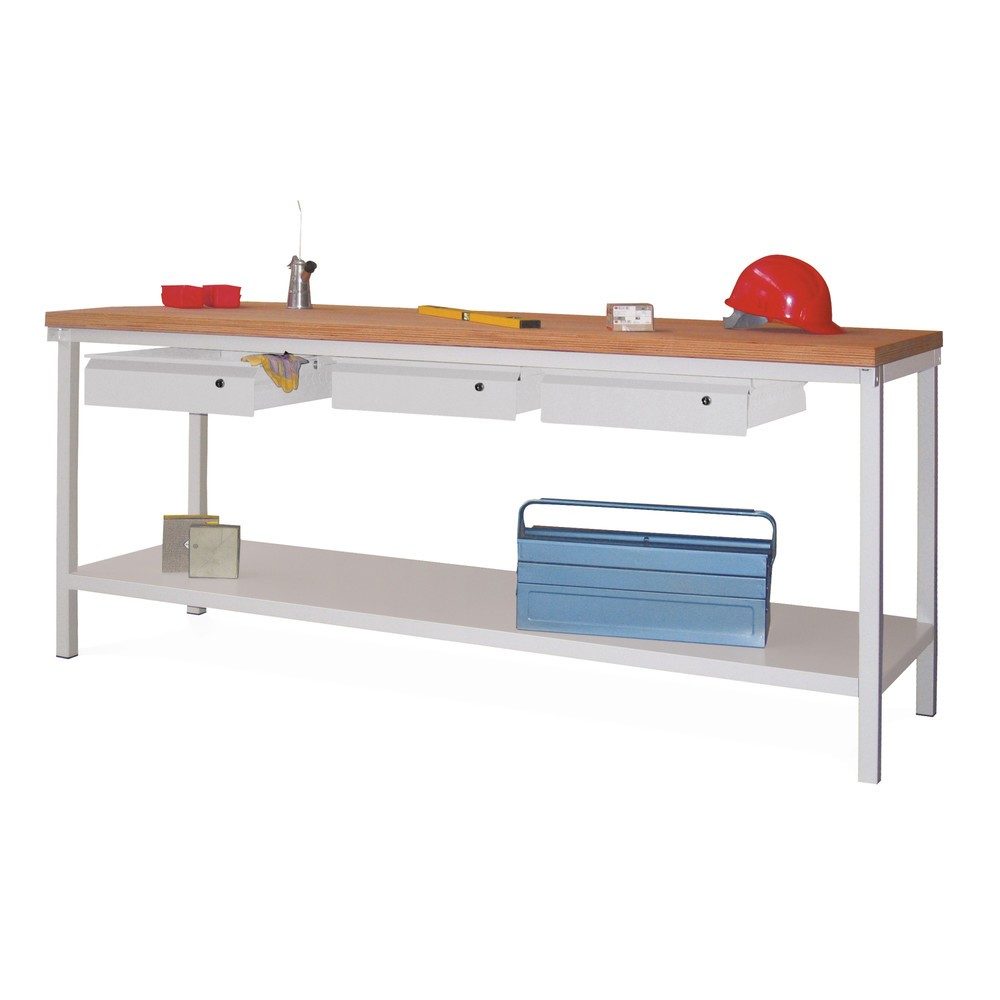 PAVOY Werktisch mit 3 Schubladen + Ablageboden, HxBxT 900 x 2.000 x 700 mm, enzianblau, resedagrün