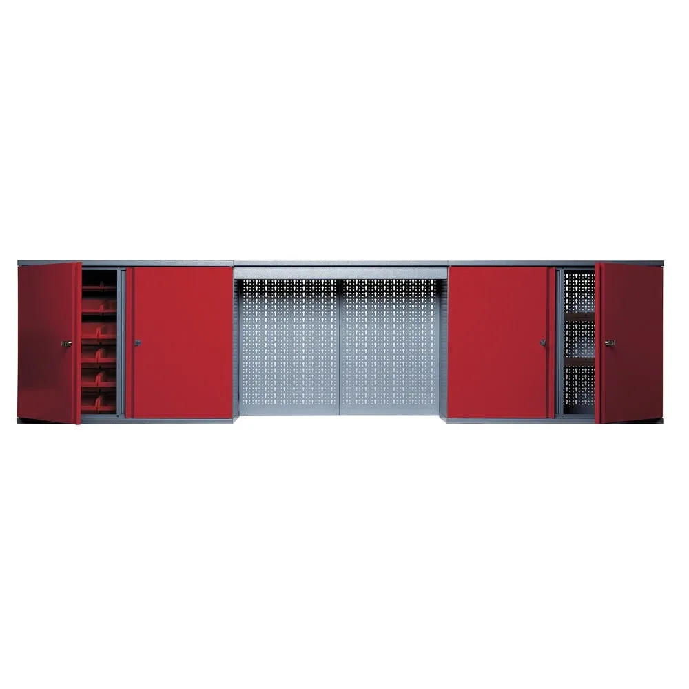 Hängeschrank mit 4 Einlegeböden + 4 Lochrückwand + 12 Sichtboxen + Lichtblende, rot