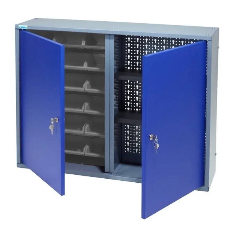 Hängeschrank mit 1 Lochrückwand + 18 Sichtboxen, HxBxT 600 x 800 x 190 mm, blau